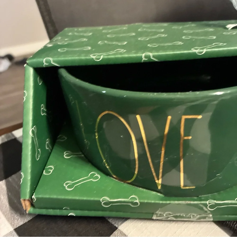 Green Ceramic Dog Bowls with Gold Lettering